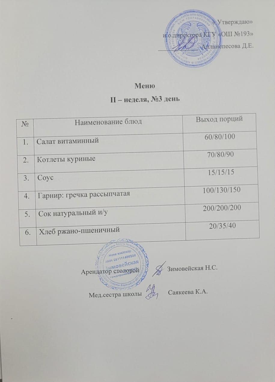 Меню II неделя 3 день.