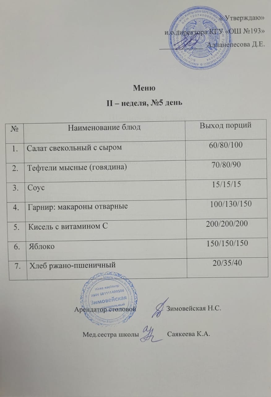 Меню II неделя 5 день.