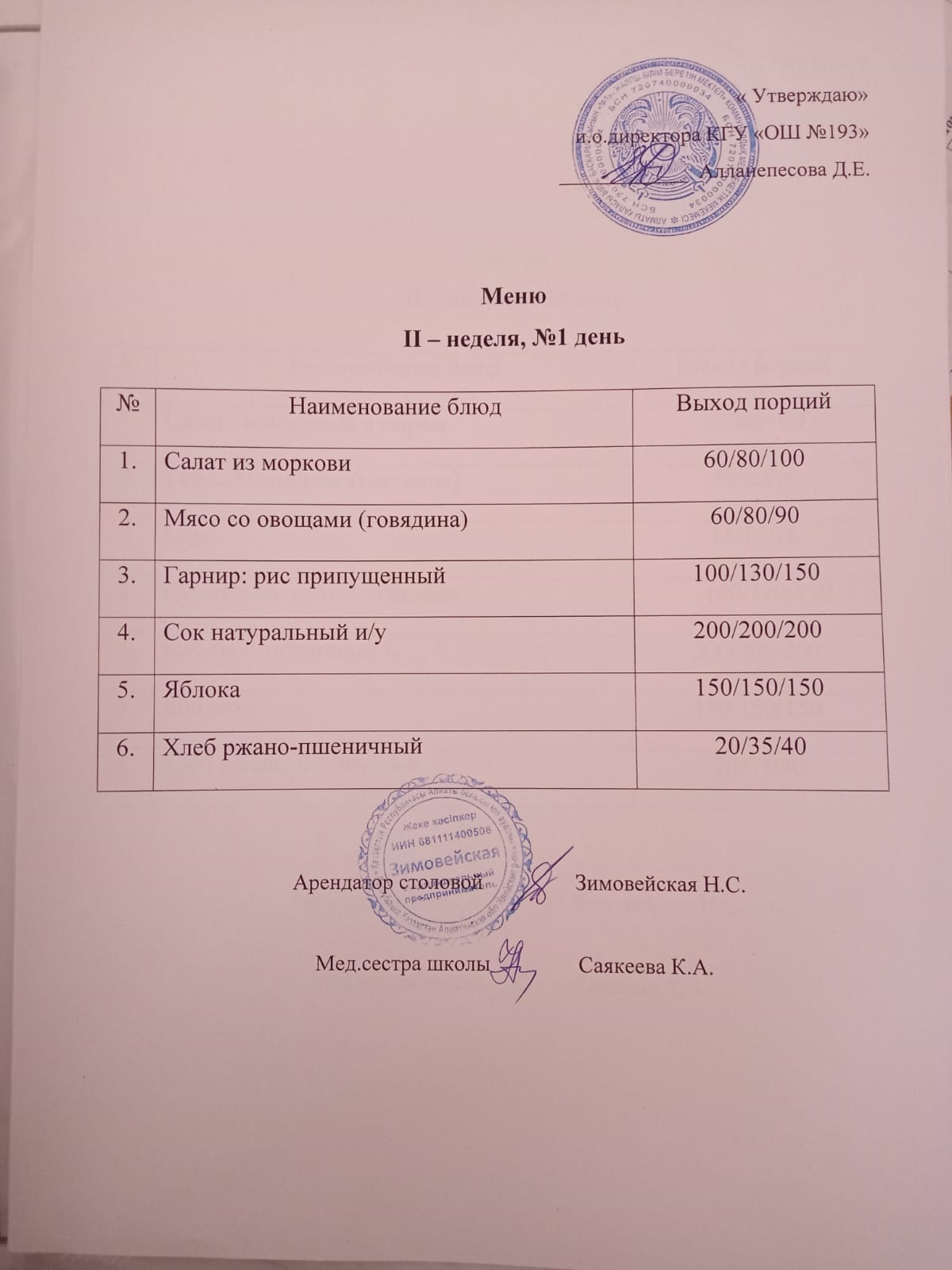 Ас мәзірі 2 апта 1 күн,