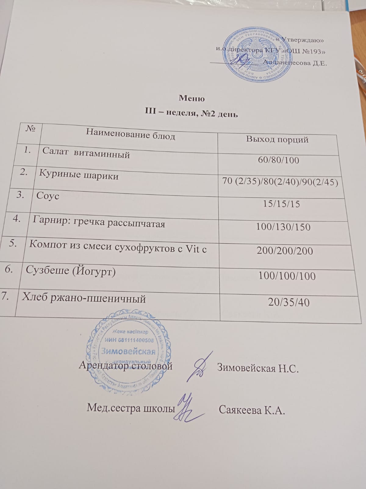 Ас мәзірі 3 апта 2 күн