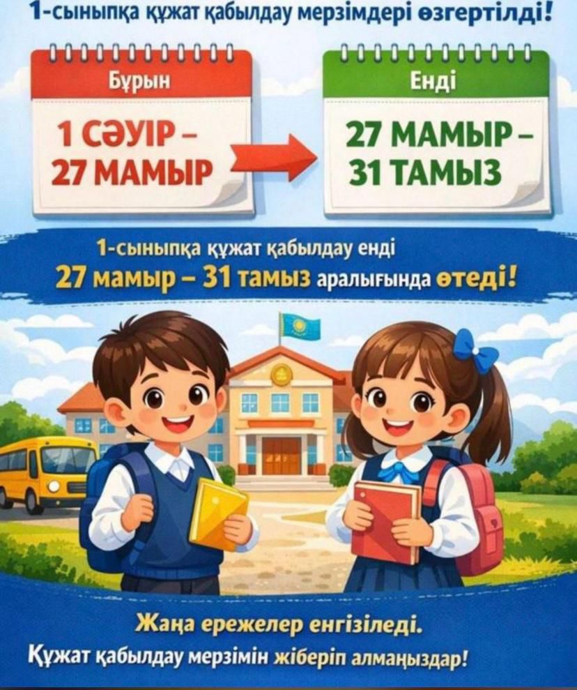 2026–2027 оқу жылына 1-сыныпқа құжат қабылдау